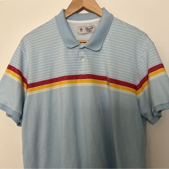 Original Penguin Mens Polo Shirt Size XL Chest Stripe Light Blue Logo Cotton - Picture 2 of 11